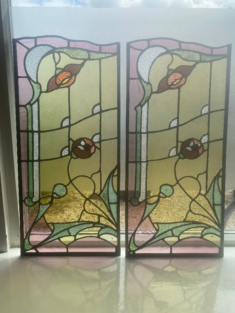Art Nouveau/Jugendstil glas in lood panelen, Ophalen, Gevelraam of Ruit, Minder dan 80 cm, Zo goed als nieuw