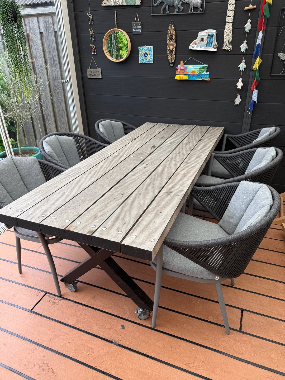 Robuuste tuintafel op wielen - Hout en metaal, Ophalen, Gebruikt, Rechthoekig, Hout