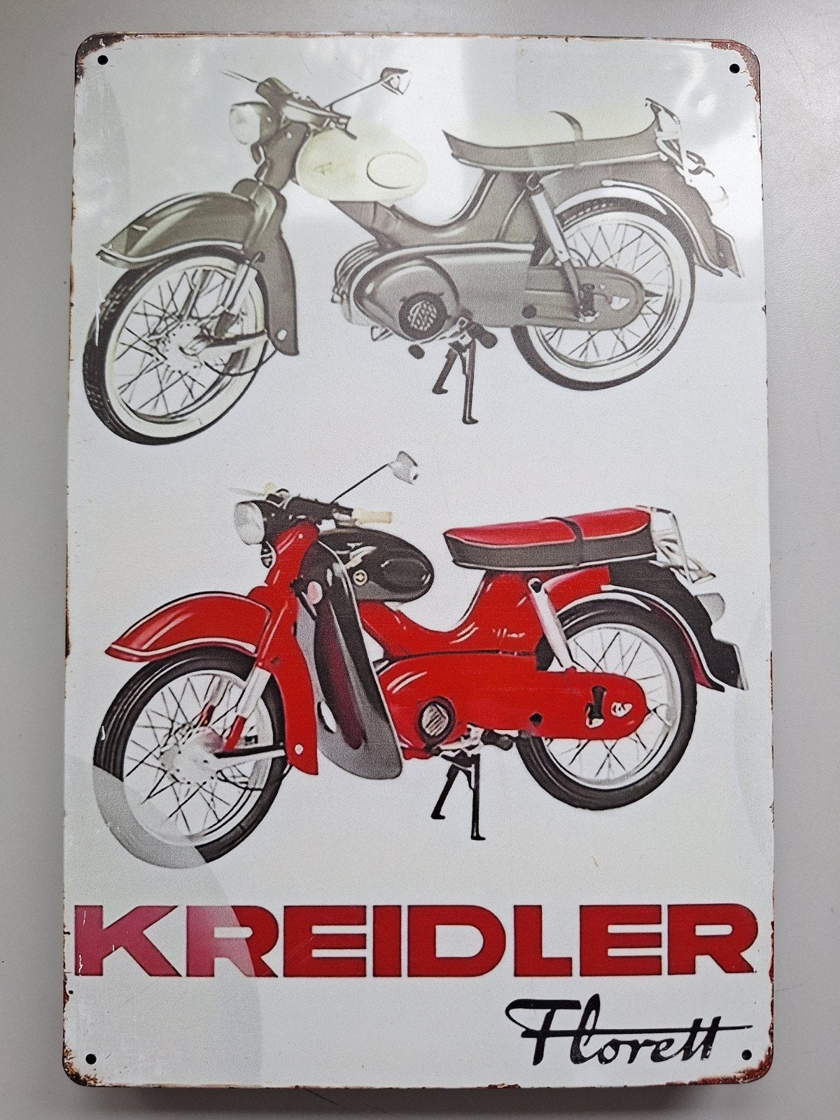 Kreidler Florett bromfiets reclamebord - Vintage look, Ophalen of Verzenden, Reclamebord