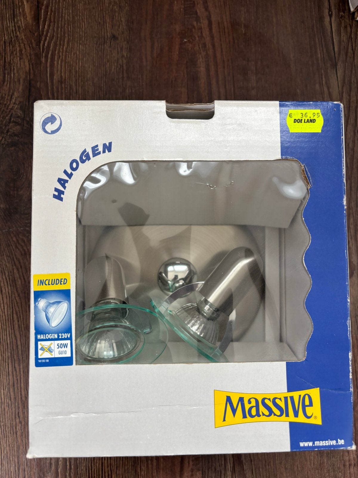 Massive Plafondlamp RVS met 2 Halogeen Spots, Huis en Inrichting, Lampen | Plafondlampen, Ophalen of Verzenden, Nieuw, Metaal