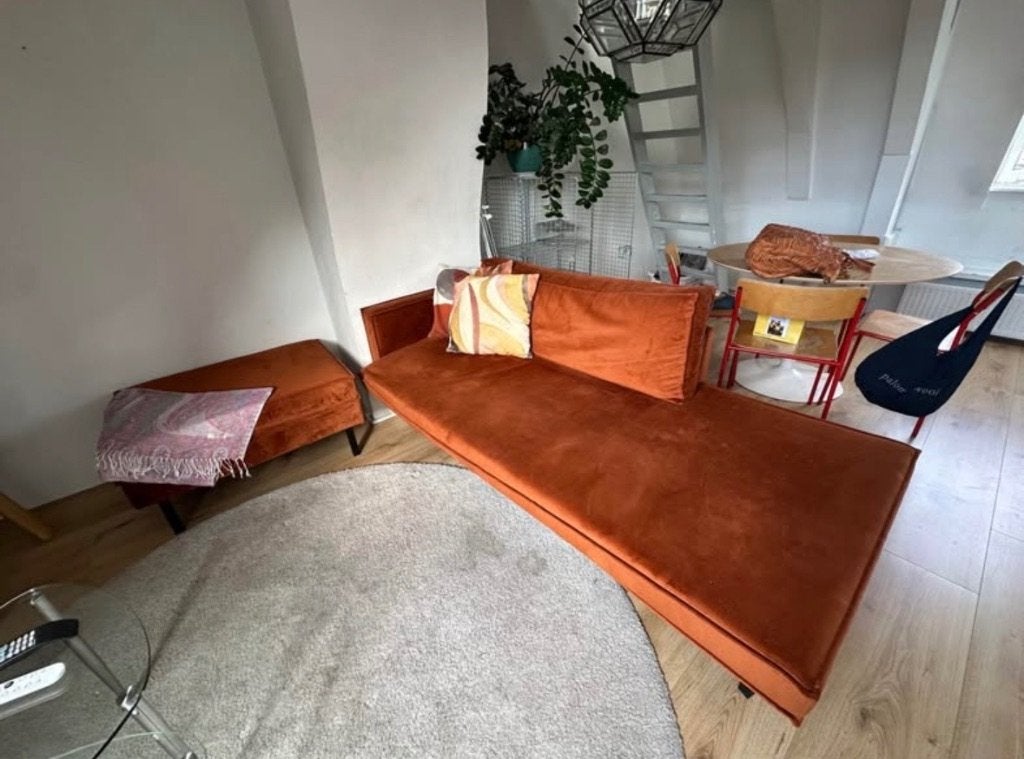 Bank + poef, Huis en Inrichting, Ophalen, Overige materialen, Gebruikt, 125 cm of meer