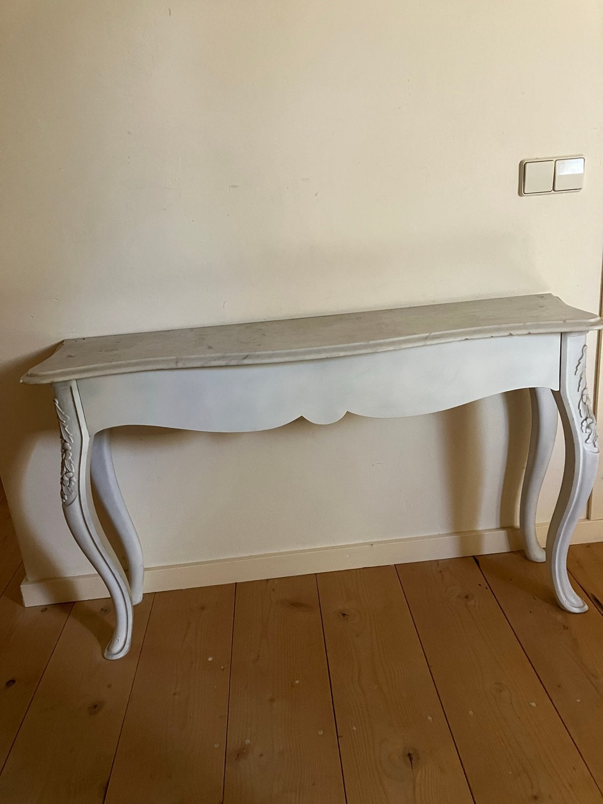 Sierlijke console tafel met marmeren blad en lade, Ophalen, Overige materialen, Gebruikt, 100 tot 150 cm