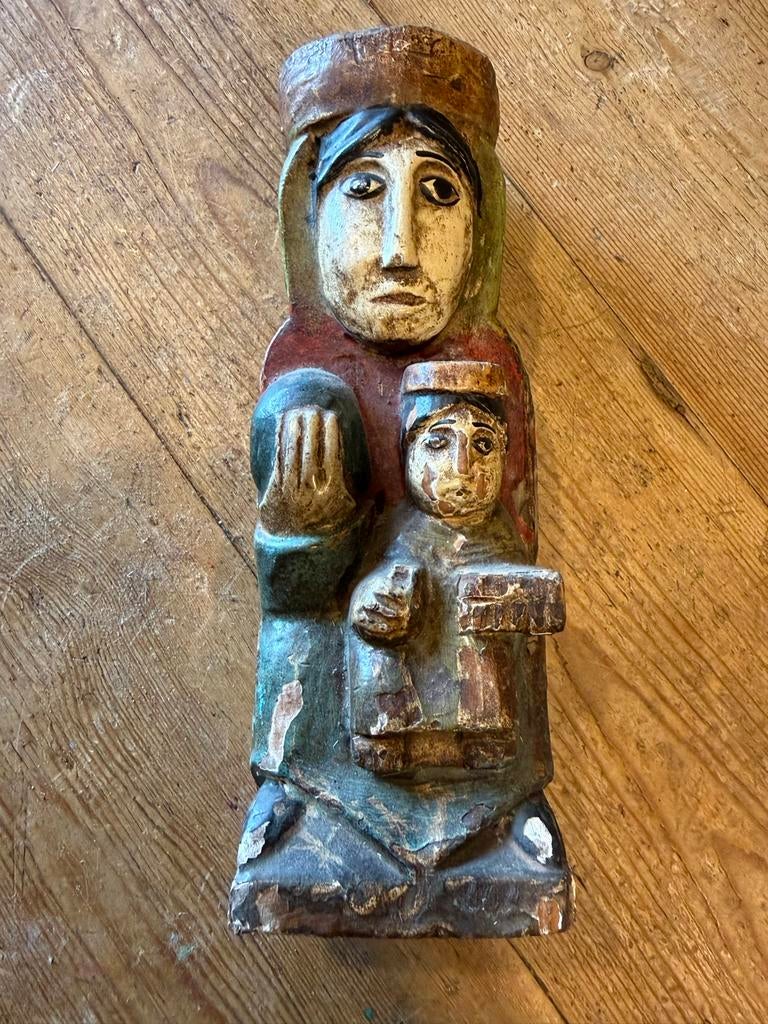 Antiek houten Mariabeeld met kindje Jezus en kroon, Antiek en Kunst, Antiek | Religie, Ophalen of Verzenden