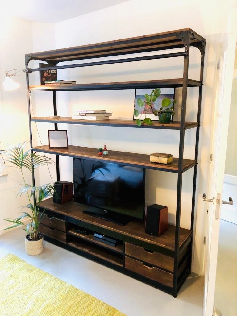 Rootsmann Industriële Boekenkast met Ladder, Ophalen, 200 cm of meer, 150 tot 200 cm, Zo goed als nieuw