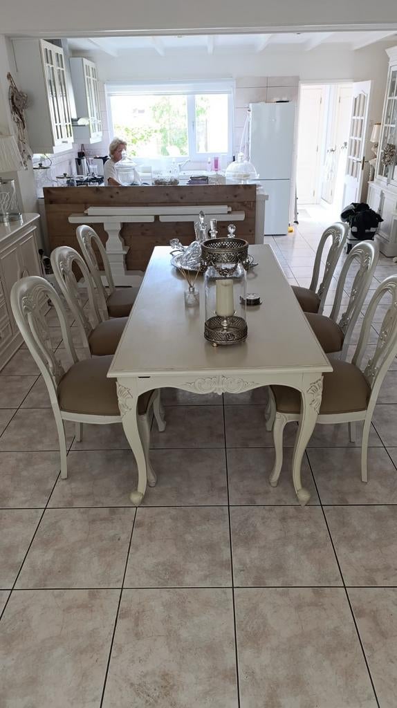 Brocante witte eettafel met 6 gratis eetkamerstoelen, Ophalen, Gebruikt, 100 tot 150 cm, Vijf personen of meer
