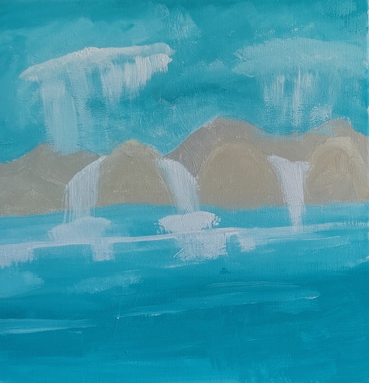Abstract Schilderij: Bergen en Watervallen in Blauwtinten, Ophalen of Verzenden