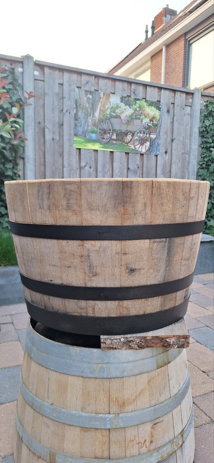 Supergave Halve eikenhouten bloembakken met zwarte banden!, Tuin en Terras, Bloembakken en Plantenbakken, Ophalen, Nieuw, Rond