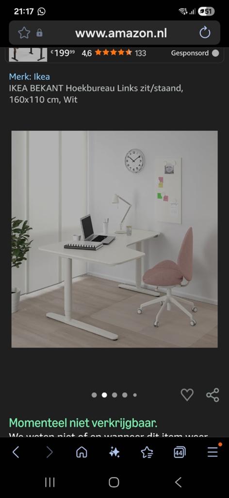 Ikea Bekant hoekbureau, wit, zo goed als nieuw, Huis en Inrichting, Bureaus, Ophalen, Spaanplaat of MDF, Hoekbureau, In hoogte verstelbaar