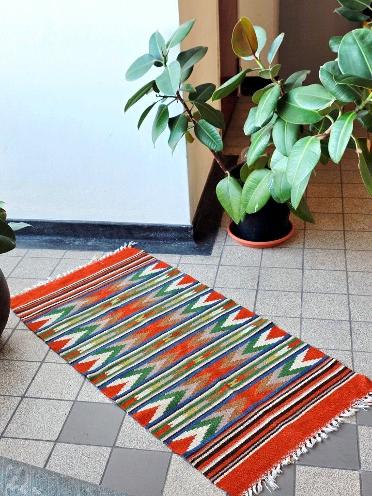 10000: Handwoven Cotton Kilim Runner Rug (59x120 cm), 50 tot 100 cm, Rechthoekig, Gebruikt, Kilim