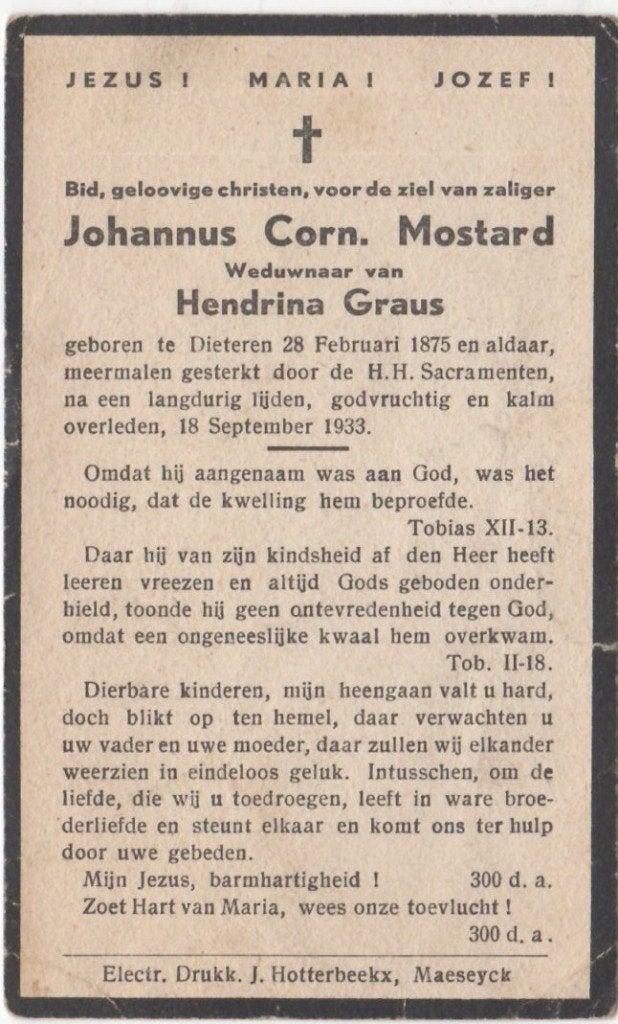 Johannus C. Mostard 1875 + 1933 Dieteren, 58 jaar oud, Ophalen of Verzenden