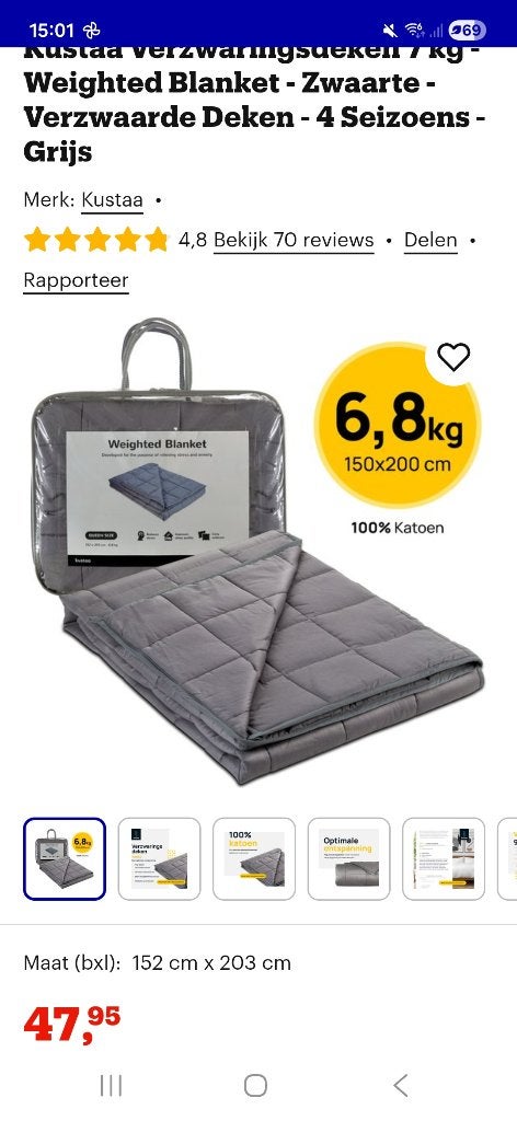 Verzwaringsdeken 6.8 kg, Ophalen, Eenpersoons, Overige materialen, Overige merken