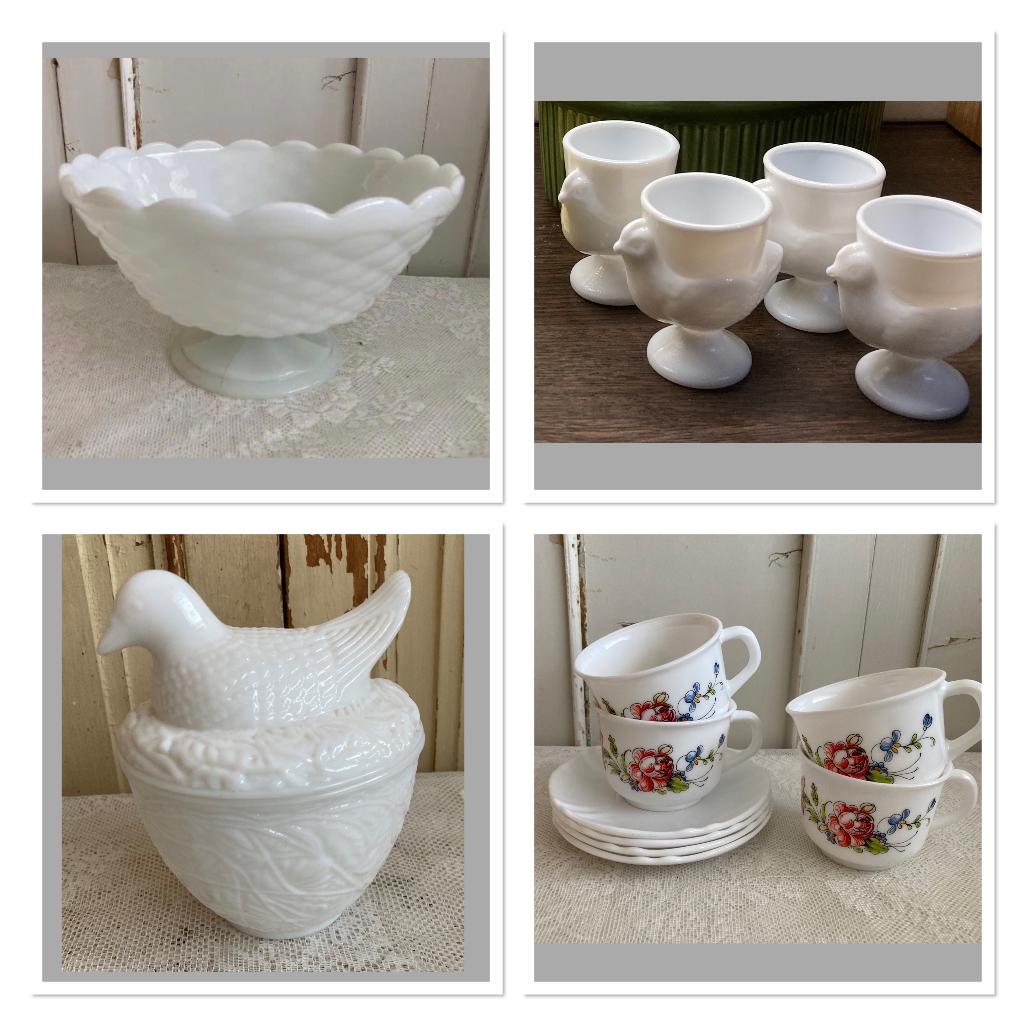 Brocante opaline schaal op voet - eierdopjes - dekseldoosje, Ophalen of Verzenden