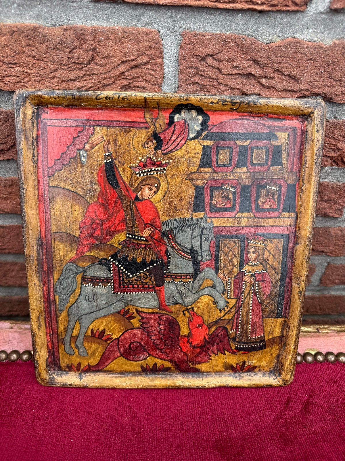 Antieke icoon van Sint Joris en de Draak, handgeschilderd, Paneel, Ophalen of Verzenden, Olieverf, Klassiek