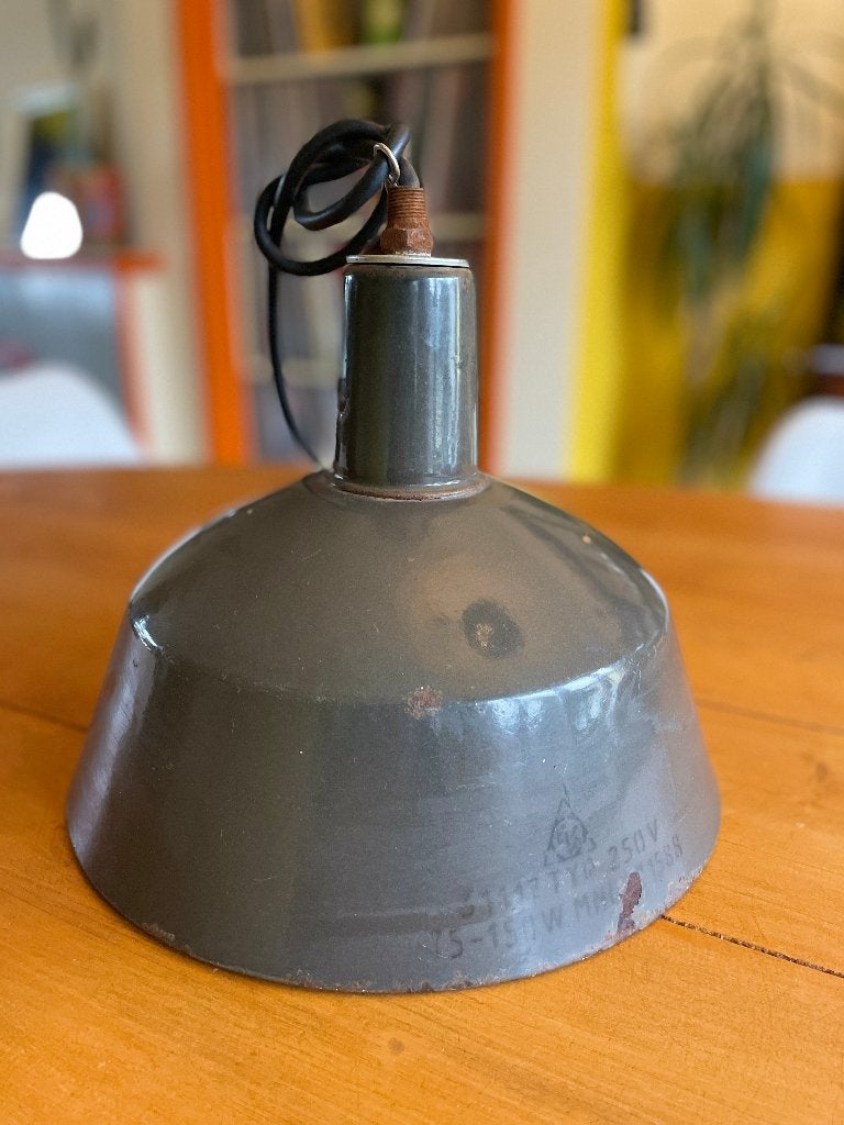 Industriële vintage emaille hanglamp - grijs/groen, Gebruikt, Industrieel, Vintage,, Metaal, E27 (groot)