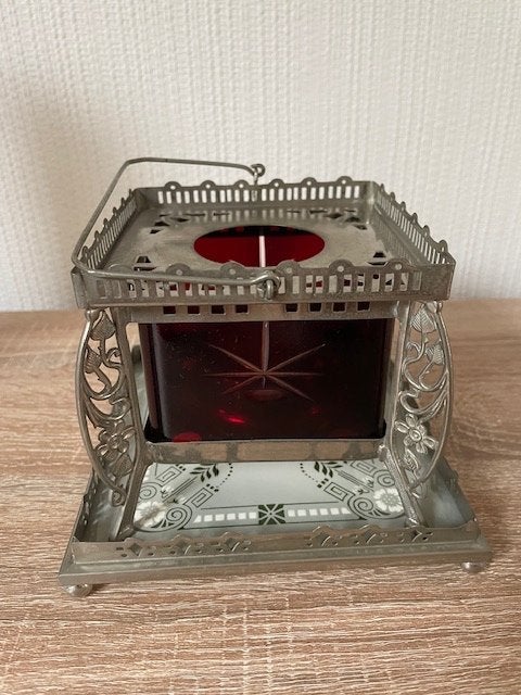 Art-deco vierkant Theelichtje met geetst glas op onderzetter, Antiek en Kunst, Ophalen of Verzenden