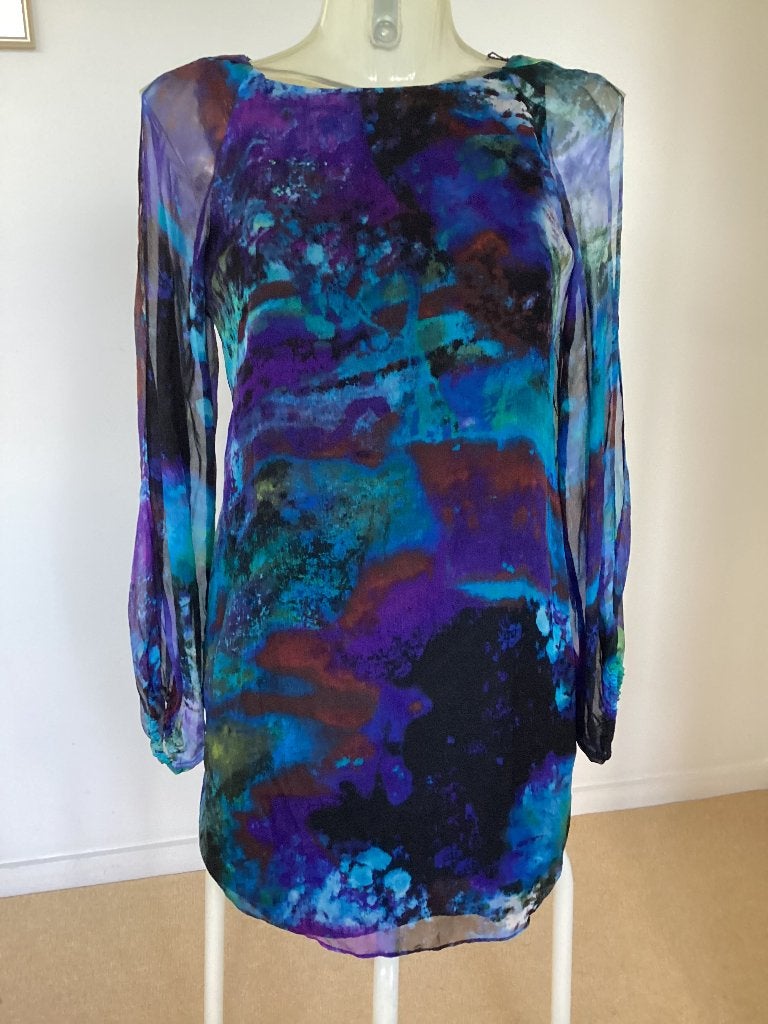 Prachtige blauw/paarse lange zijden tuniek mt 38, Maat 38/40 (M), Blauw, Ophalen of Verzenden, Zo goed als nieuw