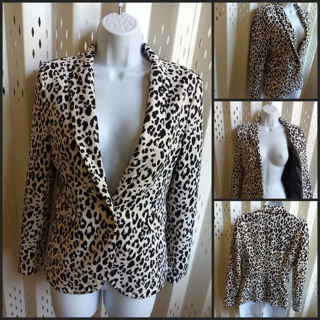 H&M zwart-beige blazer jasje leopard print stretch knoop 36, H&M, Zwart, Ophalen of Verzenden, Jasje