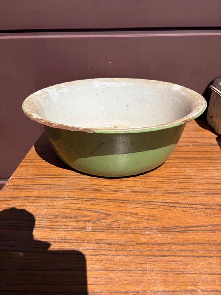 Vintage geëmailleerde kom - Groen en wit, Antiek en Kunst, Ophalen