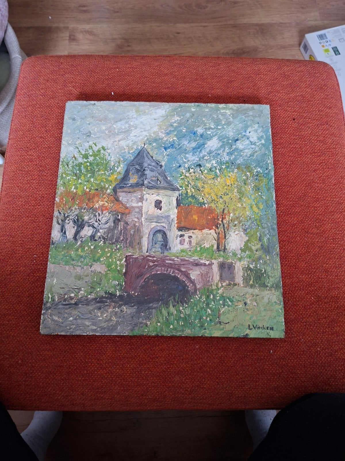 Olieverfschilderij van kasteel met brug, Antiek en Kunst, Ophalen, Doek, Impressionistisch, Olieverf