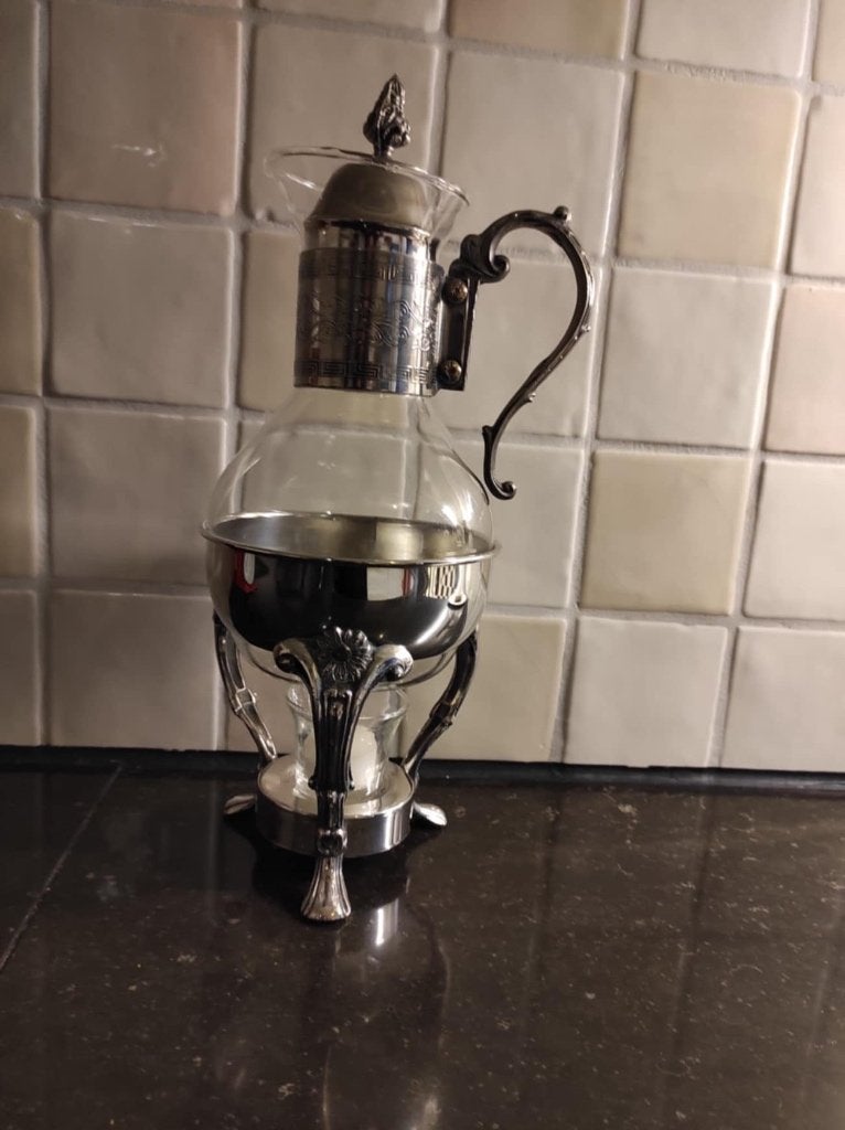 Antieke glazen koffiekan met verzilverd onderstel, Ophalen of Verzenden