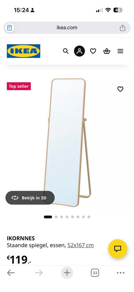 IKEA IKORNNES Staande spiegel, essen, 52x167 cm, Ophalen, Zo goed als nieuw, 150 tot 200 cm, Rechthoekig