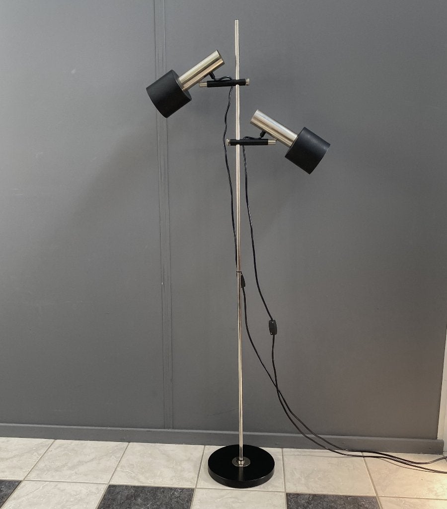 60 Jaren Vloer lamp chroom zwart 2 kaps Anvia J .Hoogervorst, Ophalen, E27 (groot), Metaal, 150 tot 200 cm
