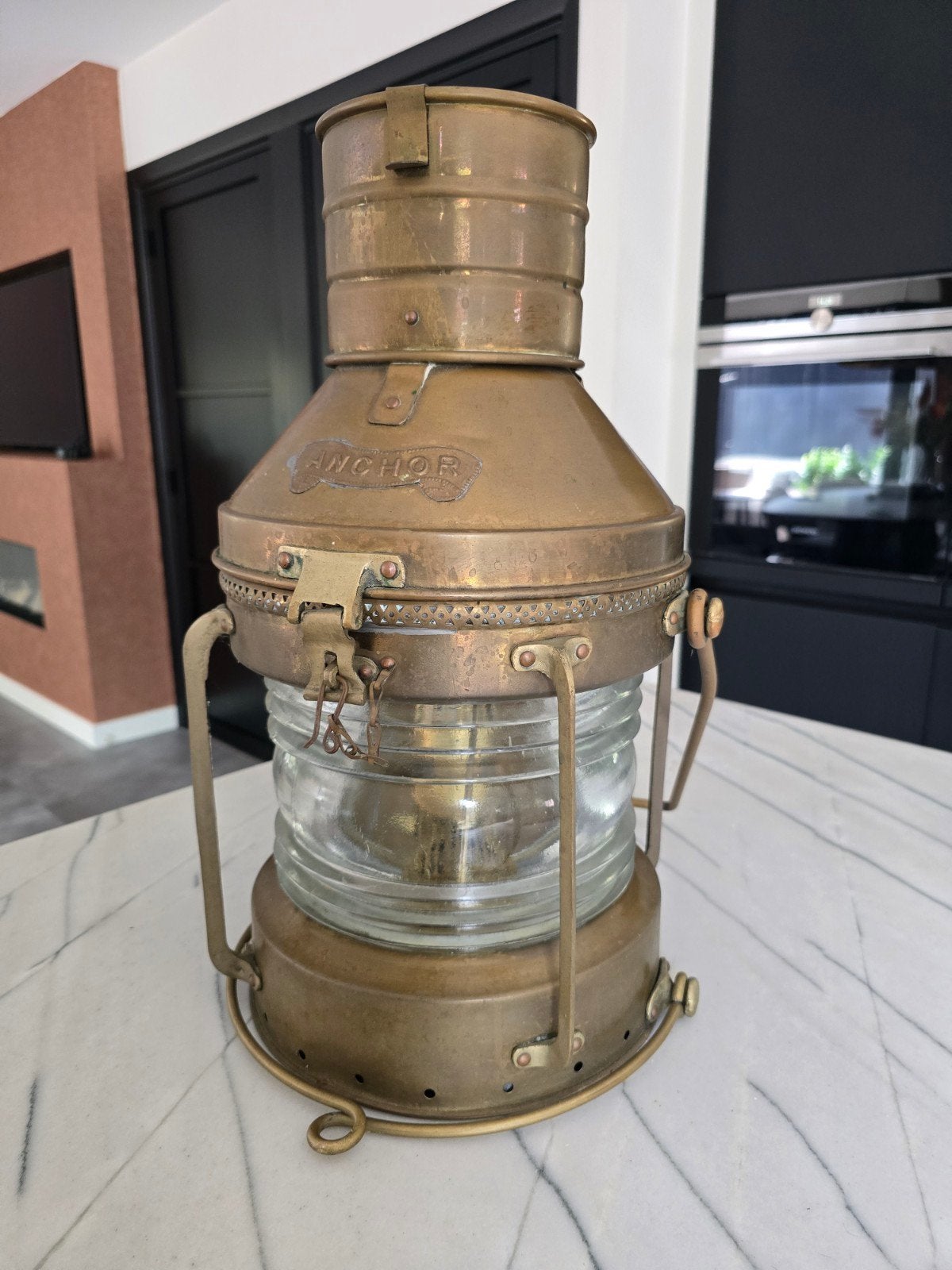 Grote antieke koperen scheepslamp / ankerlicht (47 cm hoog), Ophalen, Zo goed als nieuw, Motorboot of Zeilboot, Gebruiksvoorwerp