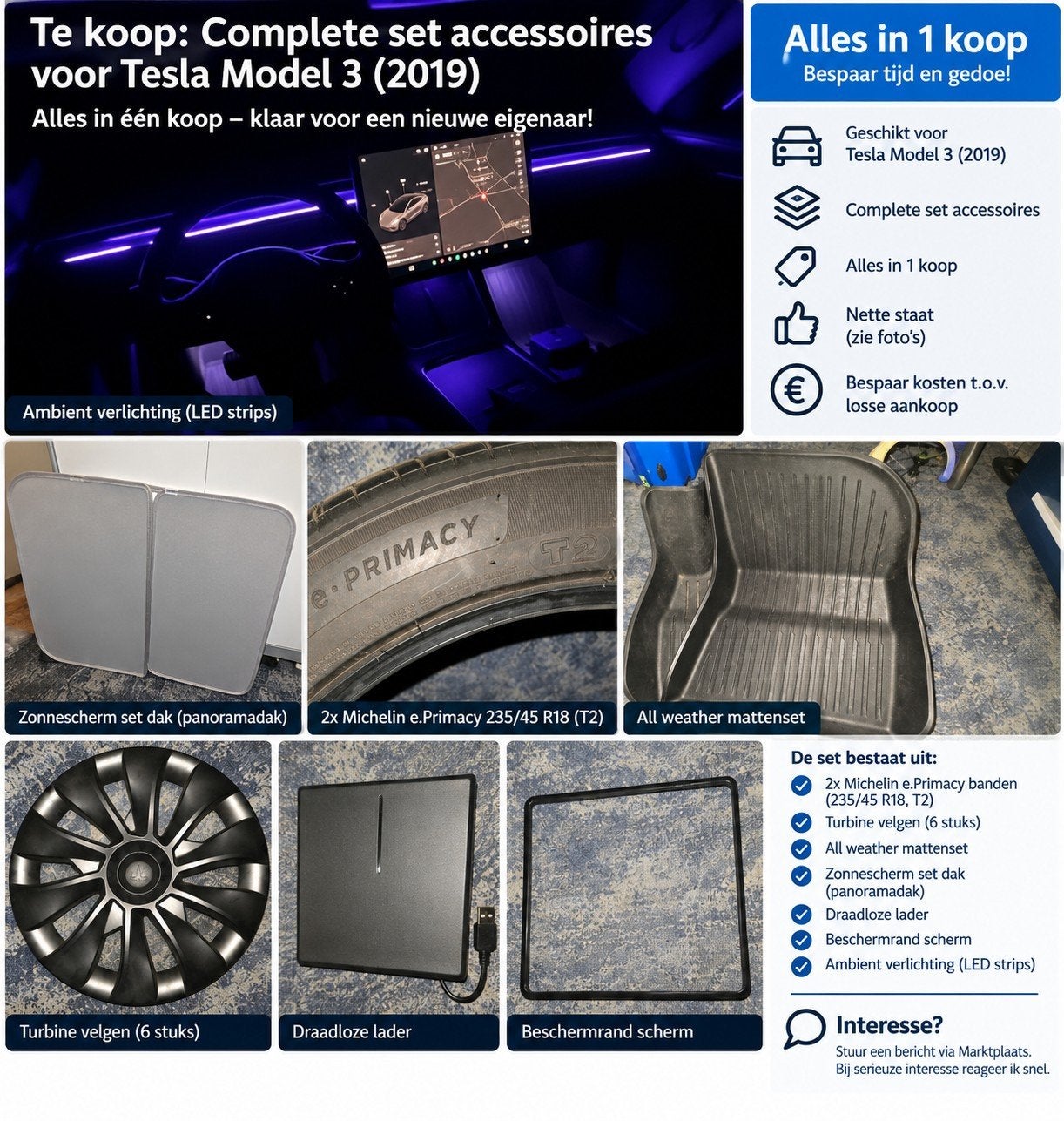 Tesla Model 3 complete set + 2 Michelin banden 235 45 r18 t2, Ophalen of Verzenden, Gebruikt