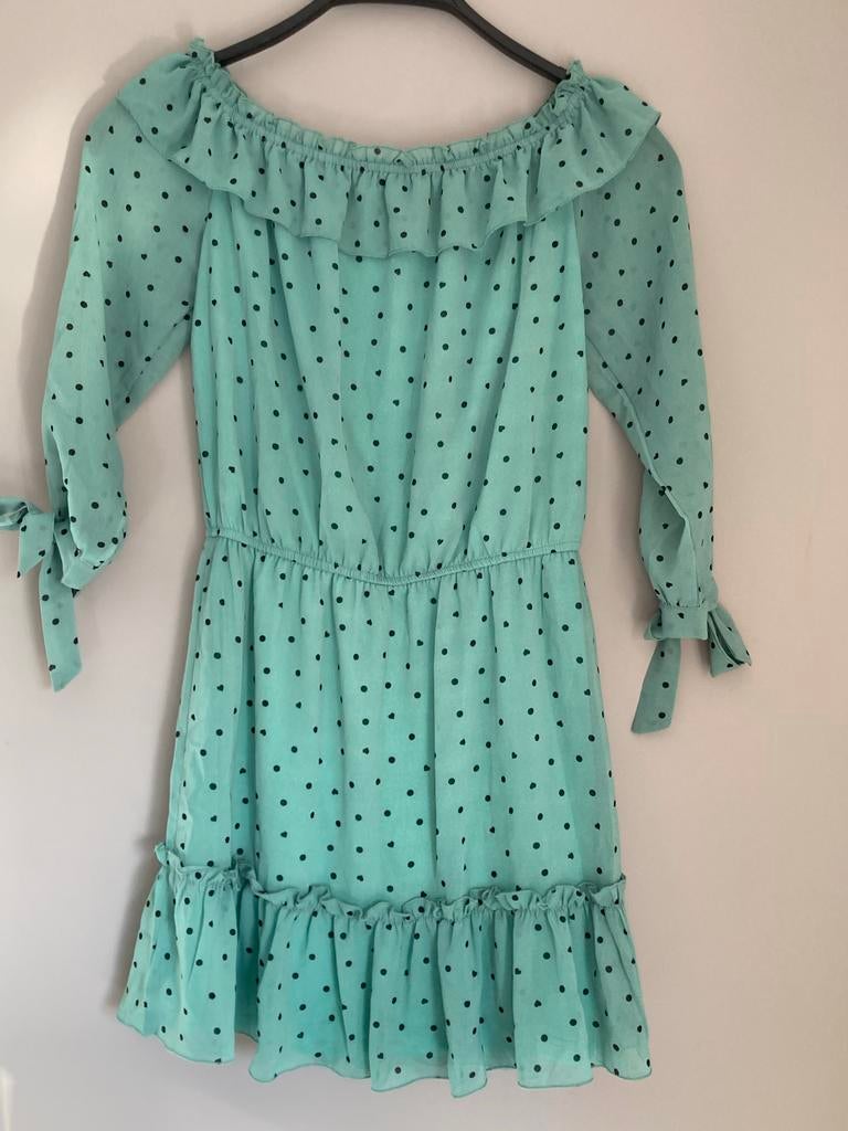 Loavies mintgroene off-shoulder jurk met stippen, Ophalen of Verzenden, Zo goed als nieuw, Maat 36 (S), Boven de knie