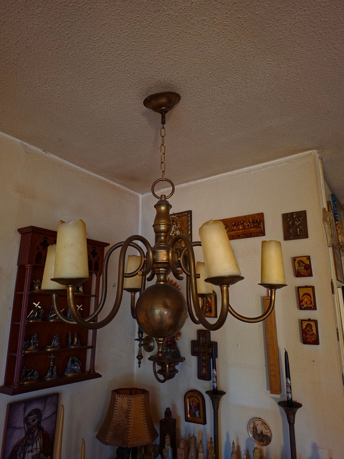 Antieke bronzen kroonluchter met 5 armen, Antiek en Kunst, Ophalen