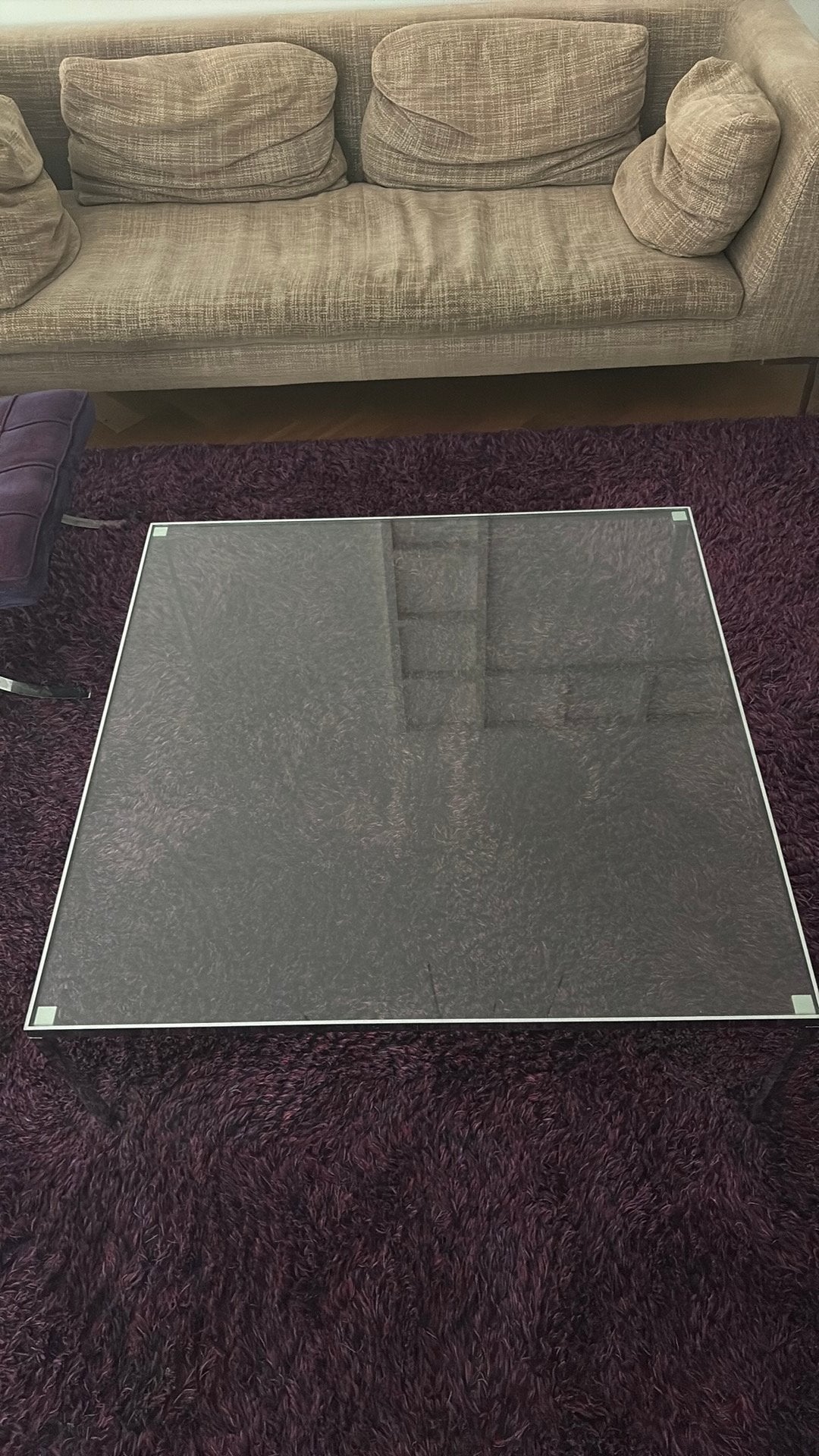 Glazen salontafel 1x1 meter, 40 cm hoog, Huis en Inrichting, Tafels | Salontafels, Ophalen, Gebruikt, 100 tot 150 cm, Vierkant