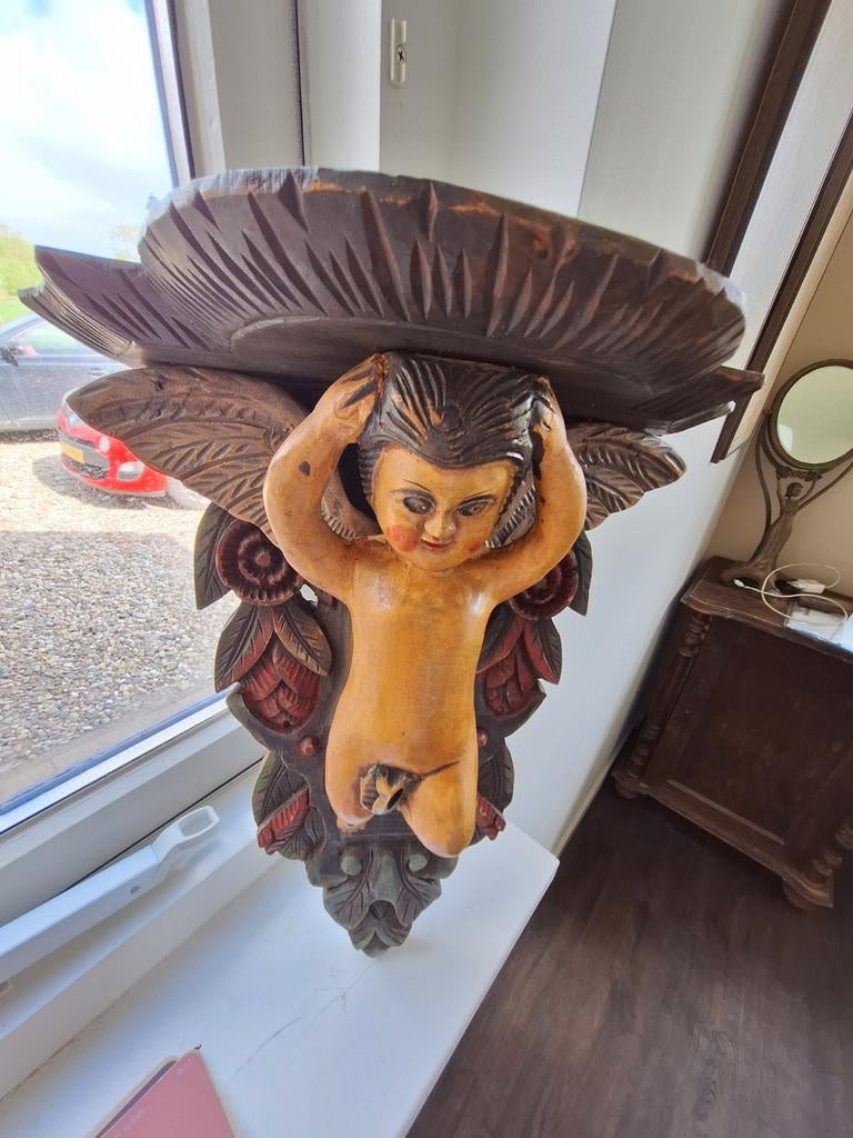 Houten Putto Wandplank - Handgesneden & Beschilderd, Overige onderwerpen, Handgemaakt, Ophalen of Verzenden, Wanddecoratie