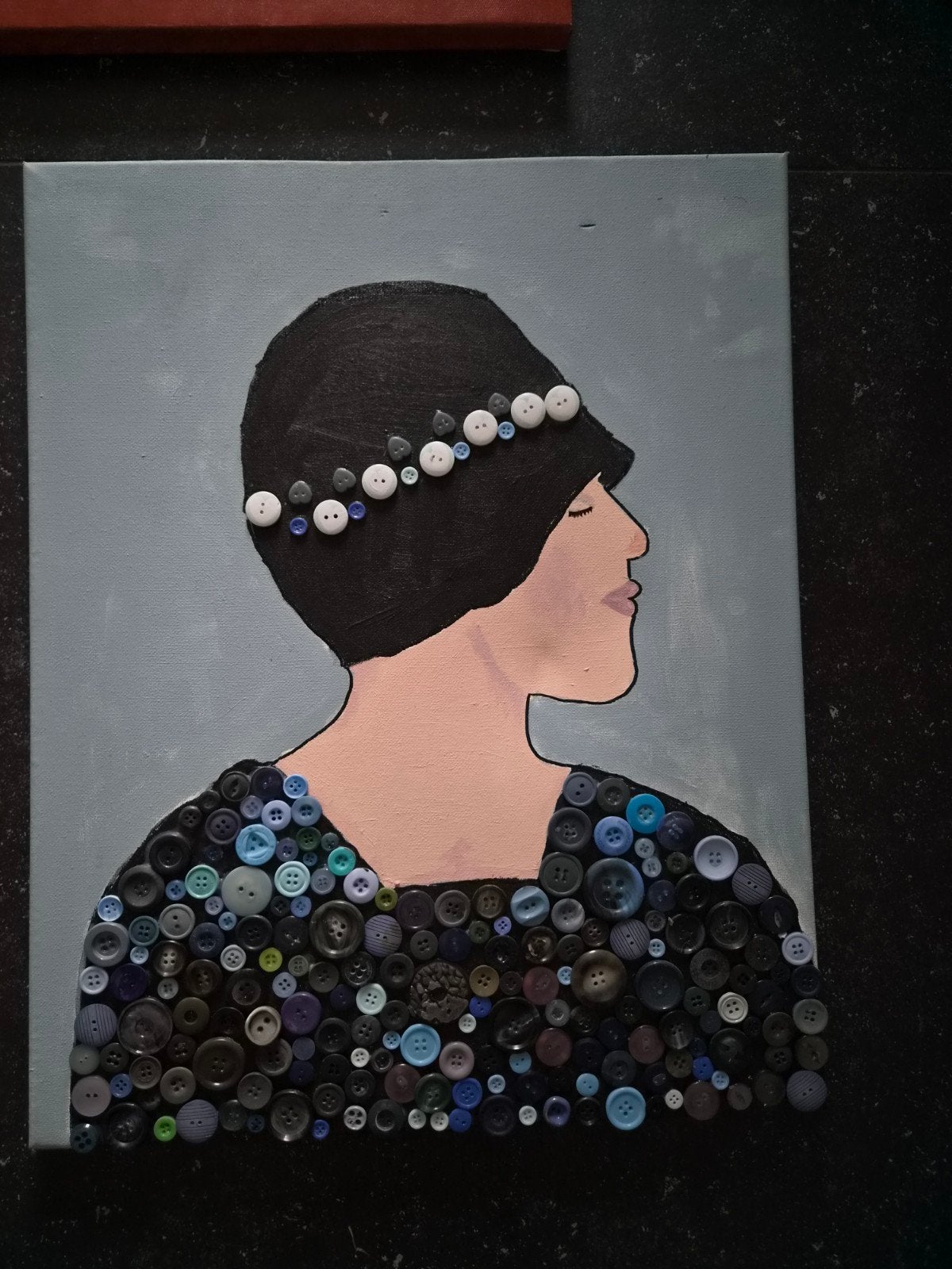 Uniek Schilderij met Knopen: Vrouw met Hoed, Ophalen of Verzenden, Overige materialen, Overige technieken, Portret