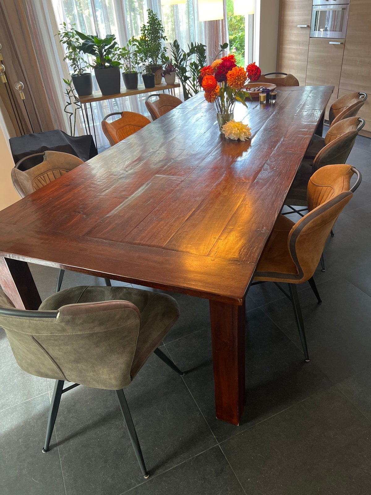 Massief houten eettafel - Ruimte voor 8-10 personen, Ophalen, Gebruikt, 100 tot 150 cm, Koloniaal