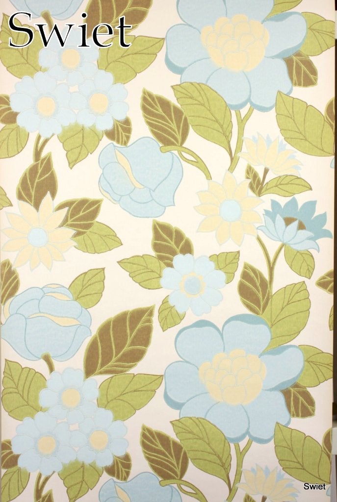 6592 blauw bloemen vintage wallpaper pastel retro swiet, Verzenden, Blauw