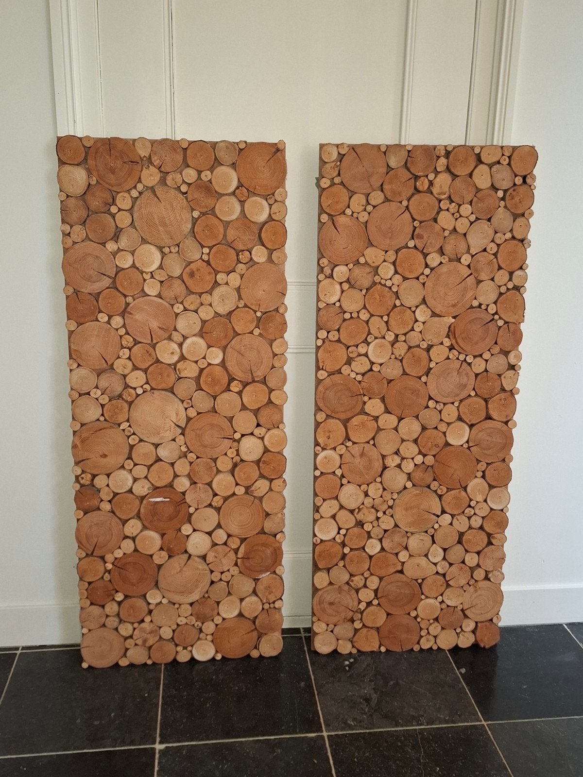 2 Wandpanelen van boomstamschijven - Unieke Houten Decoratie, Ophalen, Hout, Zo goed als nieuw, Bruin