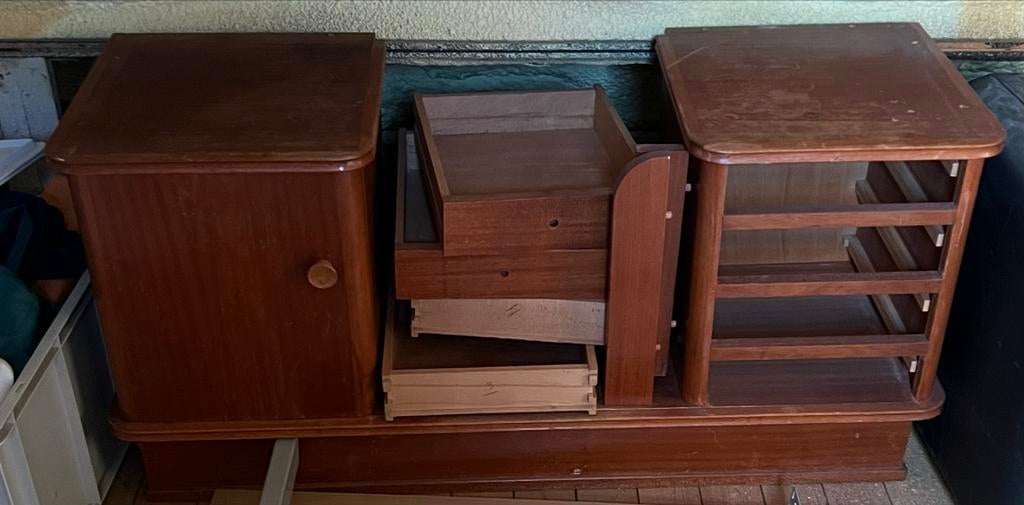 Vintage houten kaptafel met spiegels, Ophalen, Overige vormen, 100 tot 150 cm