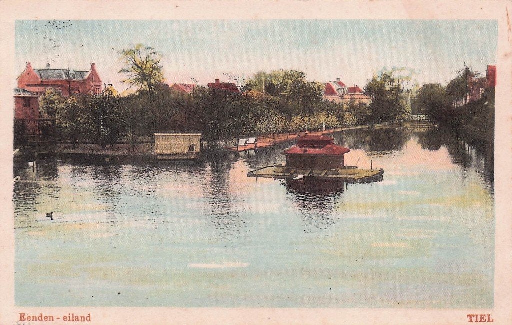 Tiel - Eenden eiland (ingekleurd) gel. 1937, Ophalen of Verzenden, 1920 tot 1940, Gelopen, Gelderland