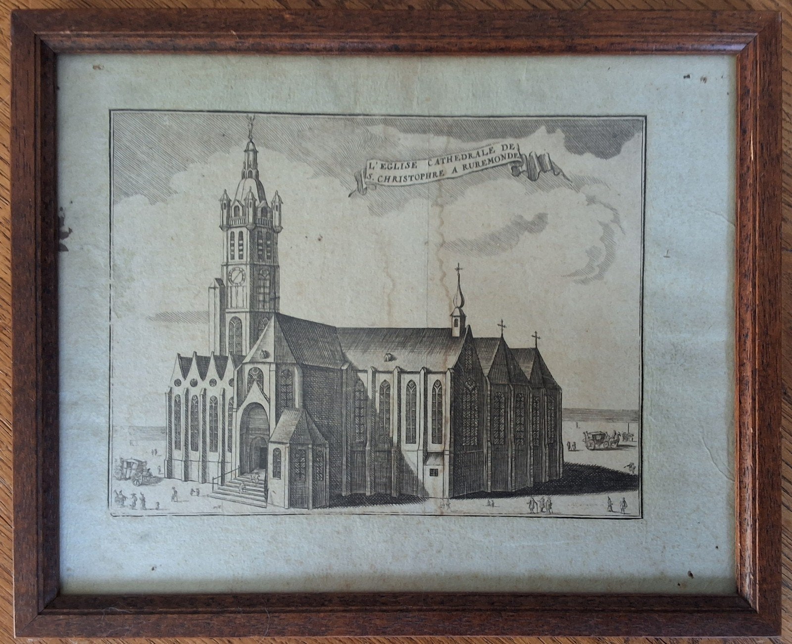 Gravure Roermond Christoffel Kathedraal Harrewijn 26x21 cm, Antiek en Kunst, Ingelijst, 26 cm, Architectuur, Ophalen of Verzenden
