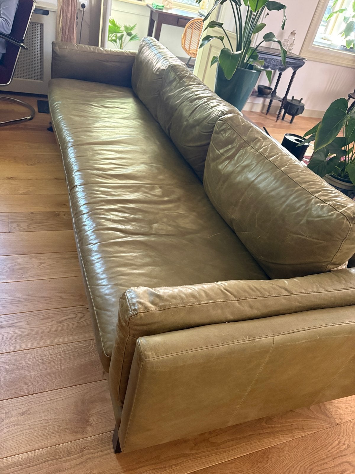 Comfortabele leren bank - 4 zits, Ophalen, 250 tot 300 cm, Gebruikt, Rechte bank