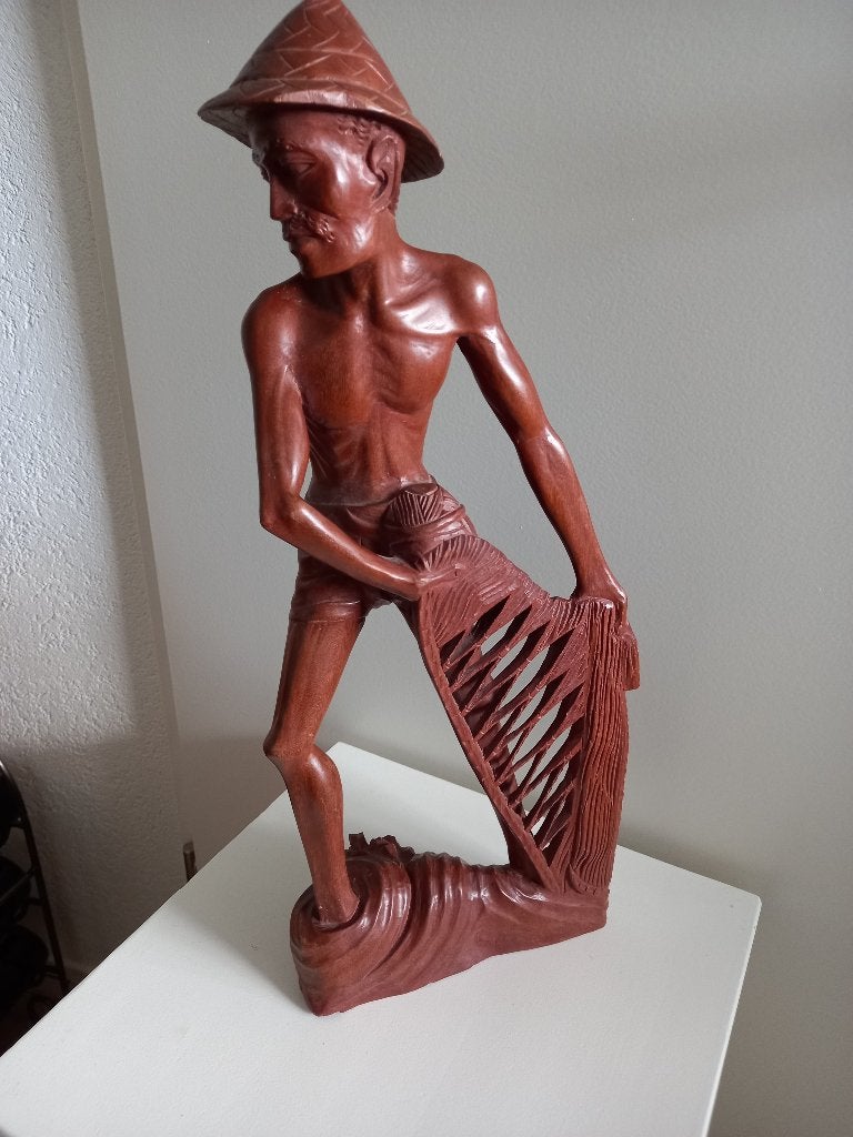 houten beeld visser, Ophalen, Houtsnijwerk, Handgemaakt, 20 - 50 cm