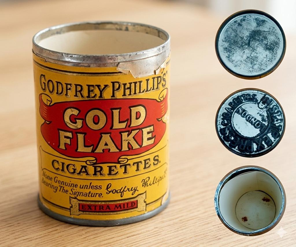 Vintage Godfrey Phillips Gold Flake Cigarettes blik, Ophalen, Gebruikt, Aansteker