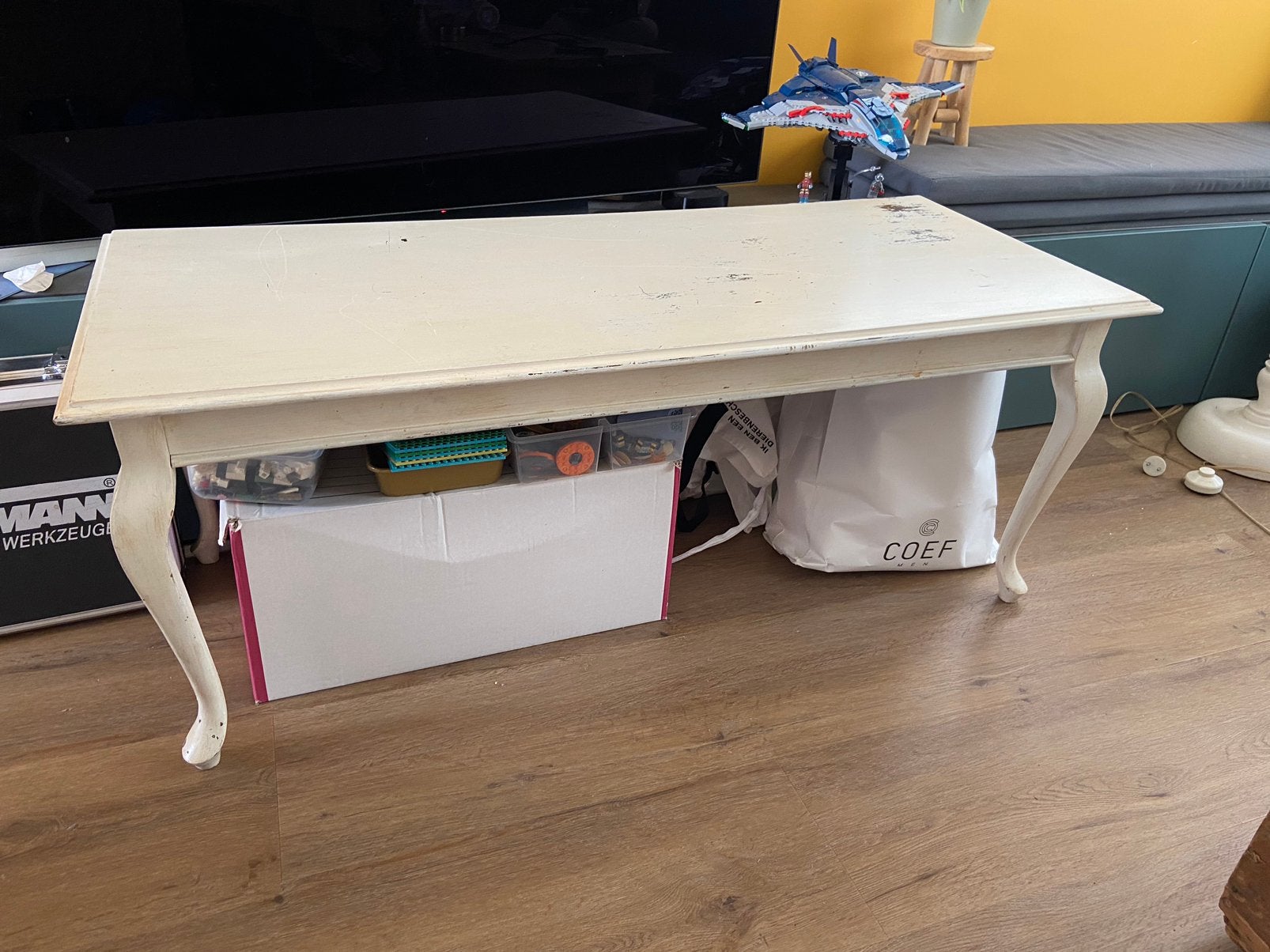 Witte salontafel vintage brocante barok stijl Queen Ann, Ophalen, 100 tot 150 cm, 50 tot 100 cm, Zo goed als nieuw