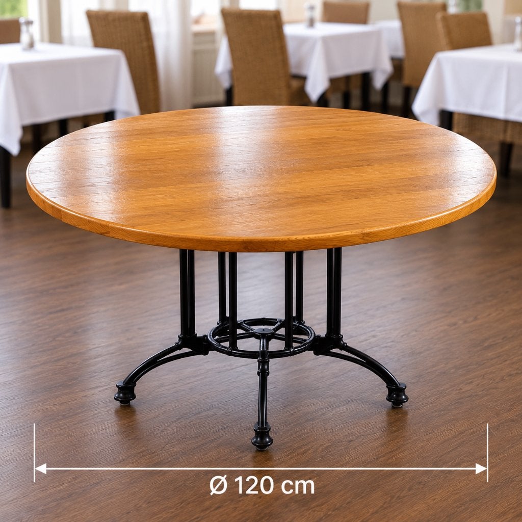 Ronde massief eiken tafel Ø120 cm, compleet met onderstel, Ophalen, Gebruikt, Rond, Degelijk massief hout gietijzer