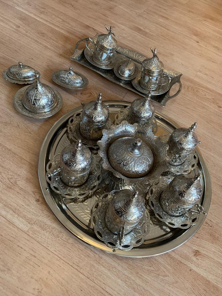 Prachtige Turkse koffieset - Zilverkleurig 2x, Ophalen of Verzenden