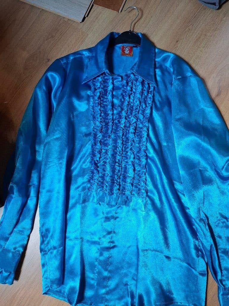 Fout Feestje / Disco Overhemd Blauw Glanzend met Roesjes, Ophalen of Verzenden, Nieuw, Blauw