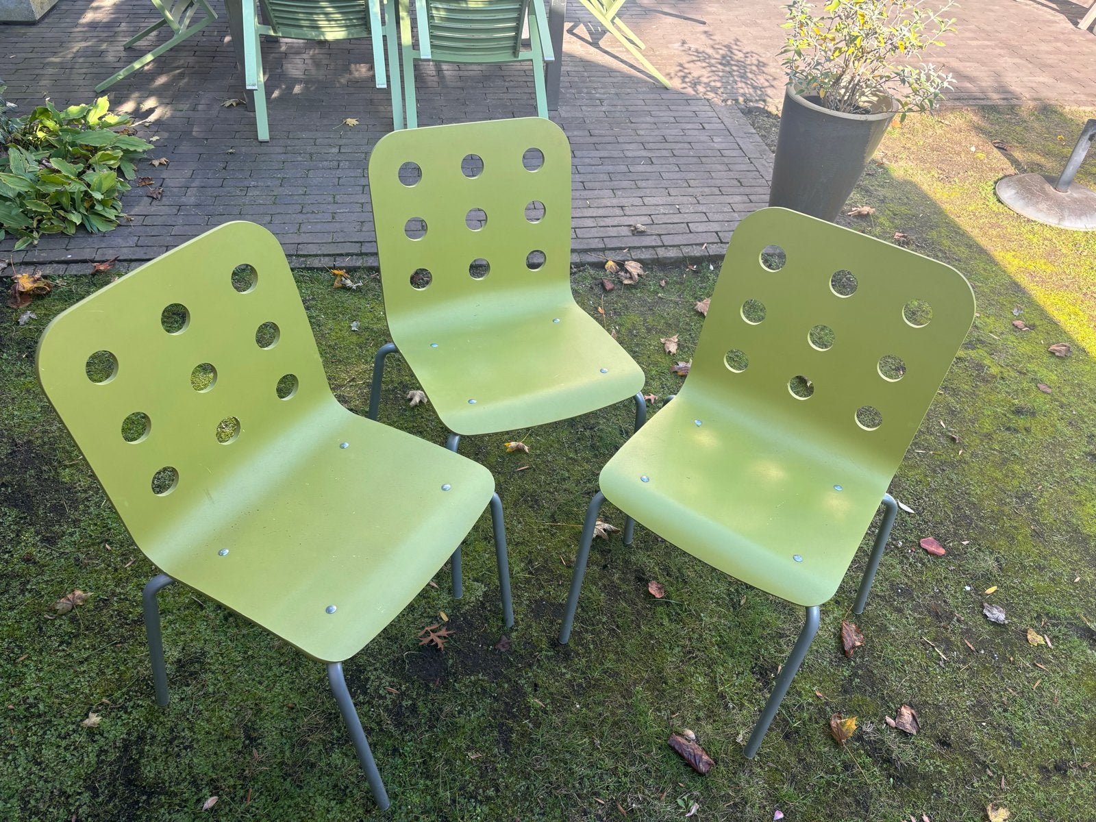 3 Groene IKEA Jules stoelen- stapelbaar, Ophalen, Kunststof, Gebruikt, Overige kleuren