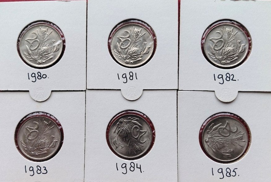 6 x Zuid-Afrika 20 cents, 1980-1985, Postzegels en Munten, Ophalen of Verzenden, Zuid-Afrika, Setje
