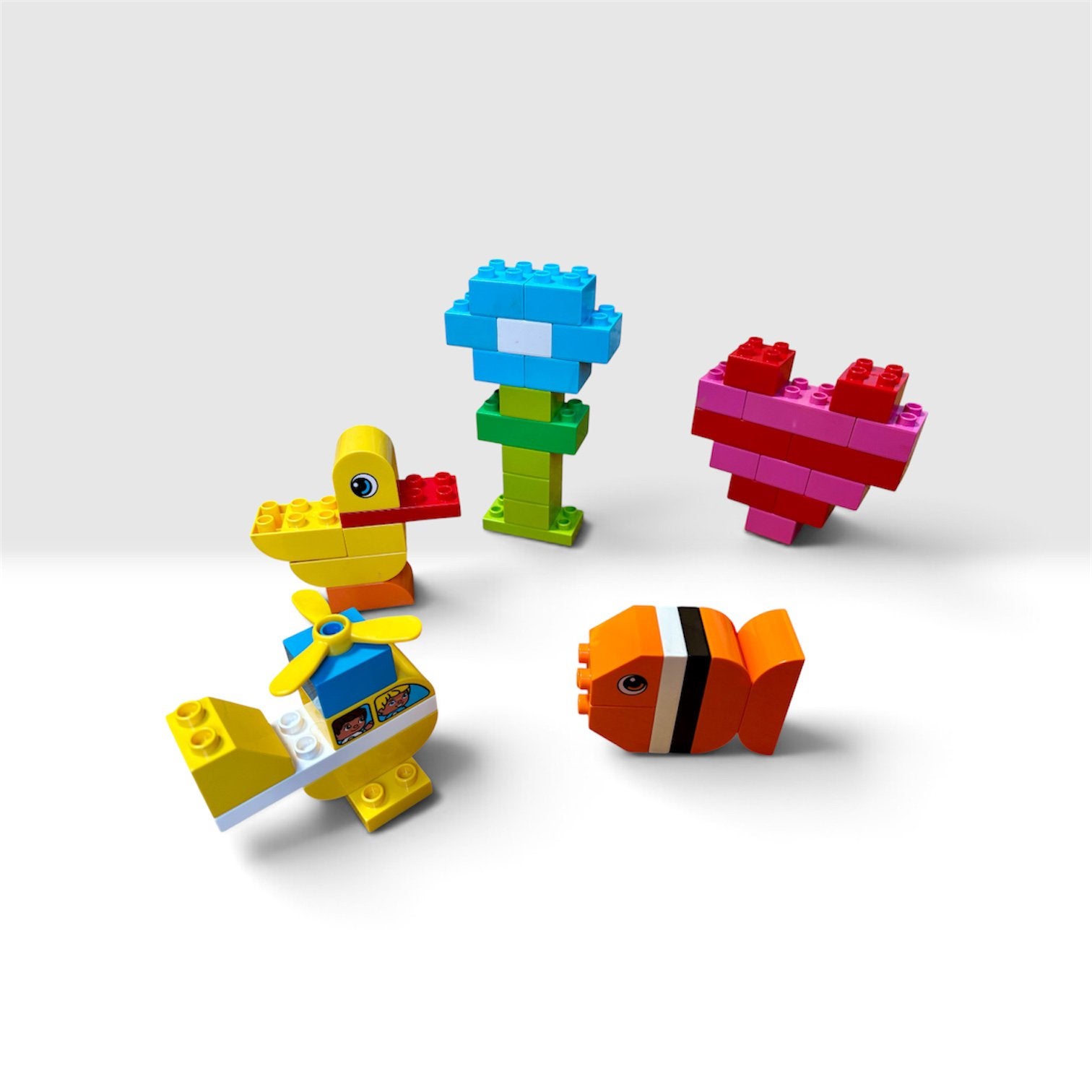 LEGO Duplo: Vis, eend, helikopter, bloem en hart, Ophalen, Gebruikt, MOC (eigen creatie), Duplo