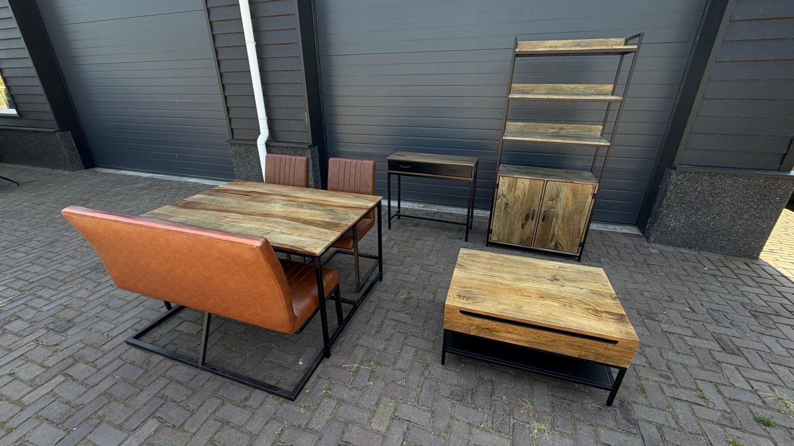 Complete set mangohouten meubelen, industriële stijl, Huis en Inrichting, Complete inboedels, Ophalen